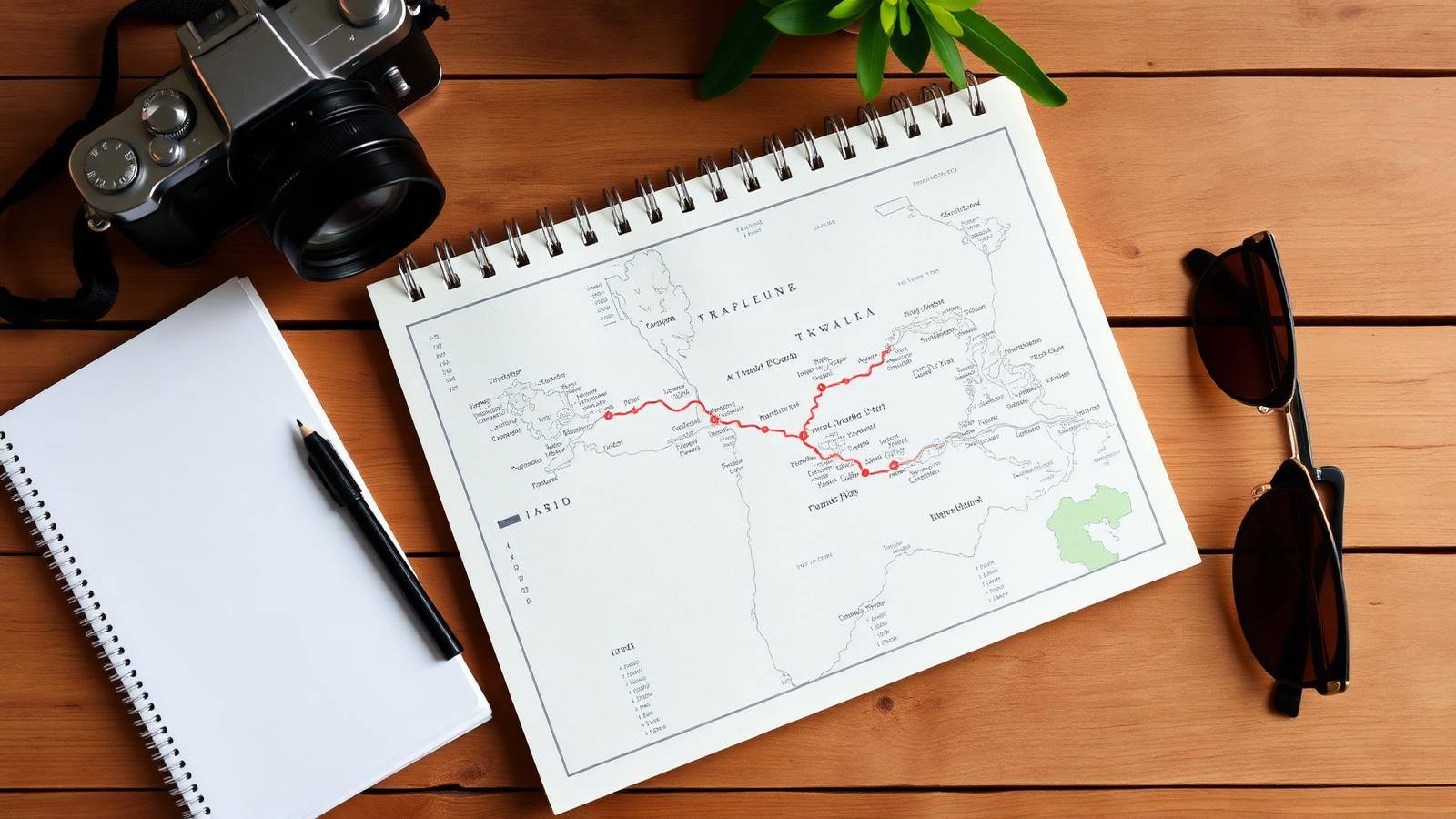 Reiseplanung mit Karte, Notizbuch und Kamera