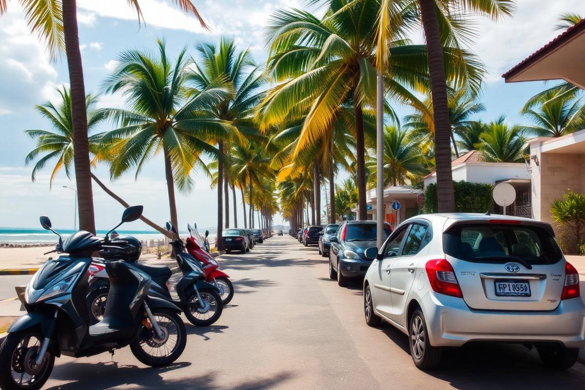 Mietroller und Mietwagen an einer Straße in Thailand