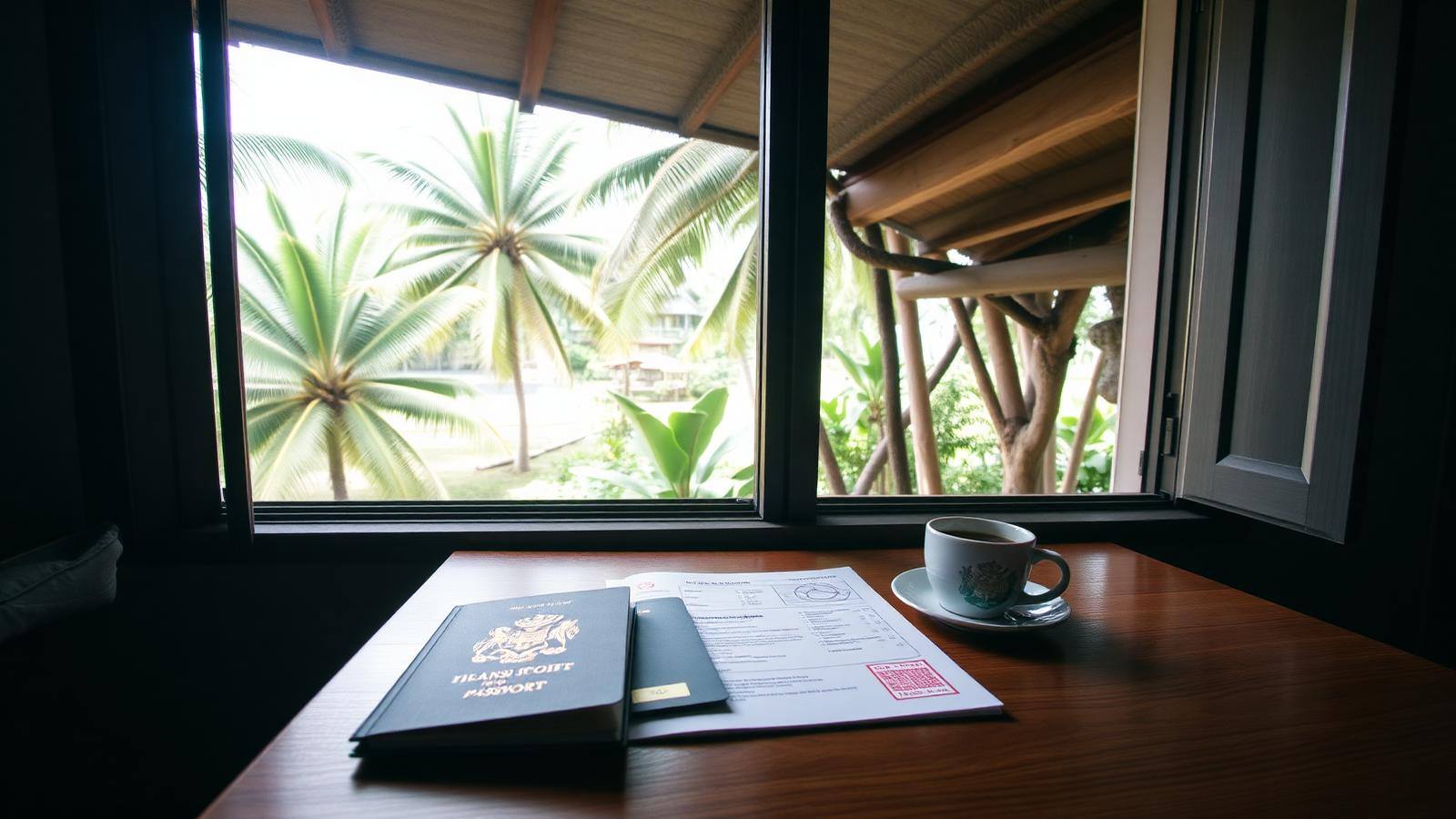 Reisepass und Unterlagen für ein Thailand-Visum auf einem Holztisch